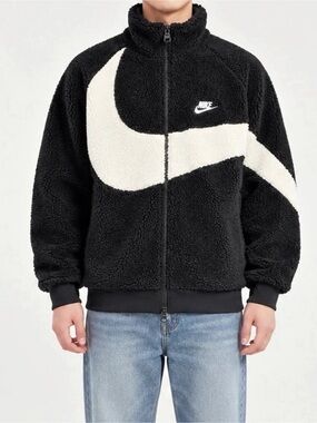 Nike Reversible Sherpa Fleece Jacket Black White Swoosh